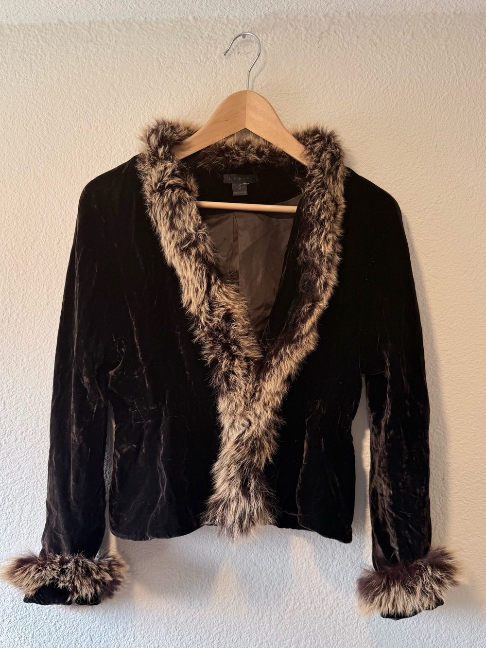 VINTAGE Y2K Lapis Chocolate Brown Silk Velvet Jacket w/ Real Fur Trim